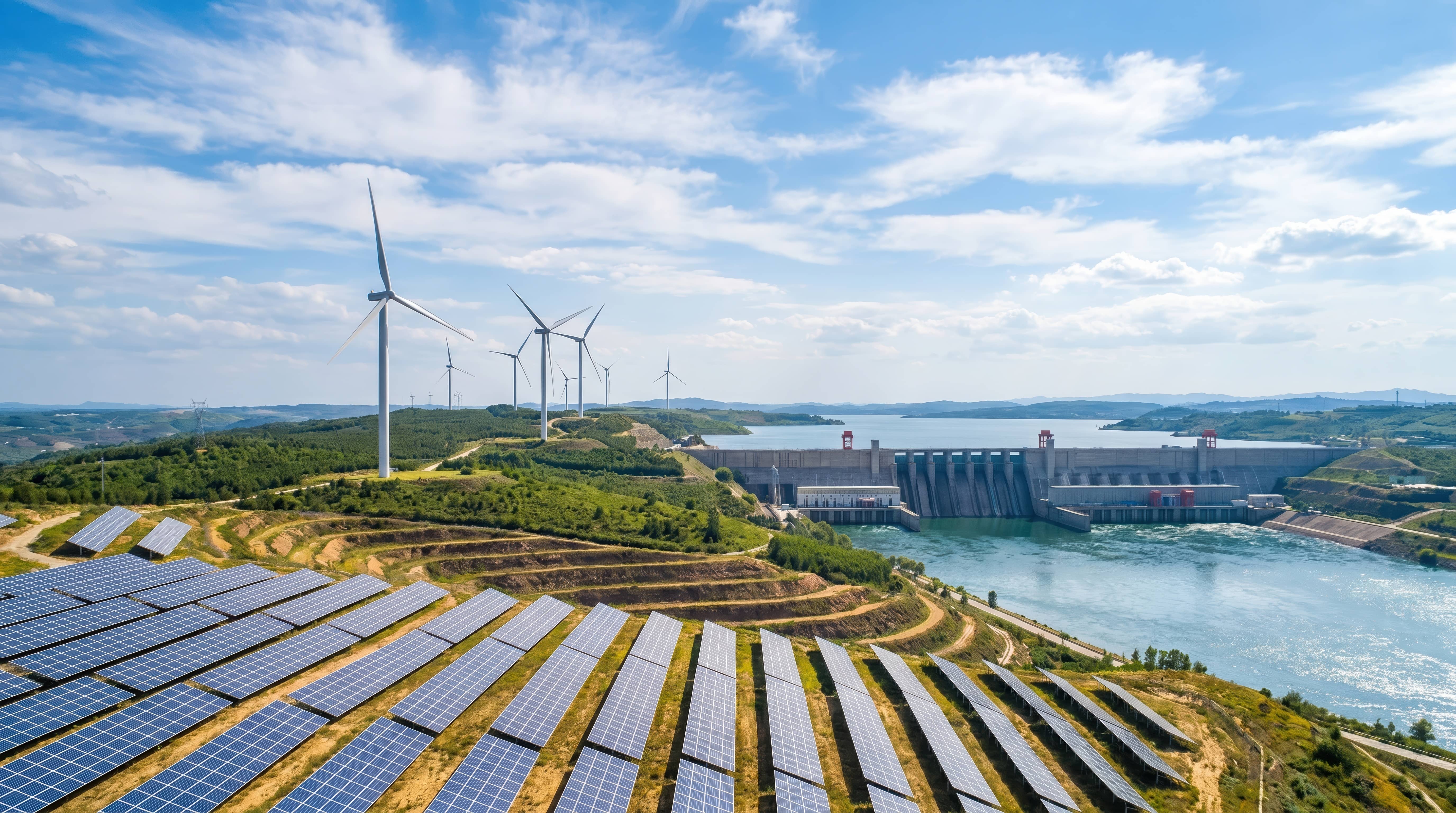 An aerial view of a massive clean energy complex, featuring rows of solar panels on a hillside, wind turbines on a ridge, and a large hydroelectric dam spanning a river under a cloudy sky.