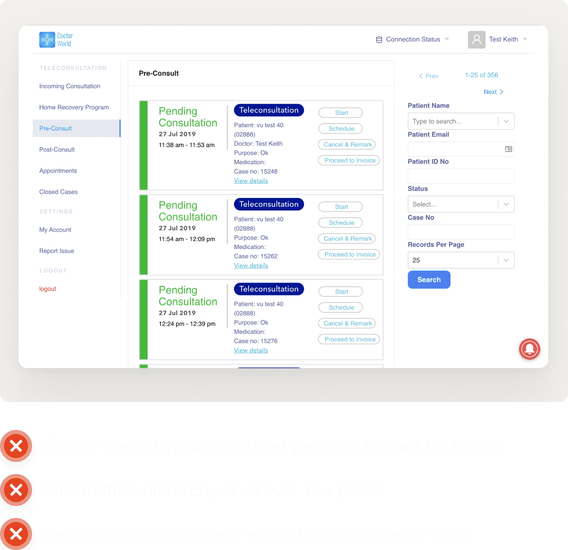 A screenshot showing the previous interface of a teleconsultation app, emphasizing a queue-based system and highlighting various interface problems such as a disorganized hierarchy and excessive prominence of rarely used features.