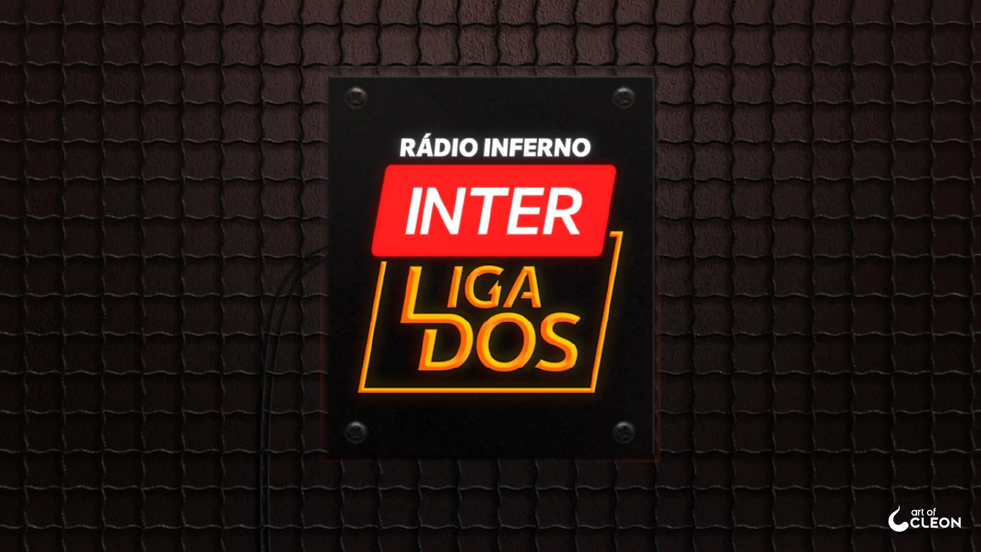 Illuminated Interligados wordmark on a black mounting plate against a dark wall covered with metal mesh. White INTER lettering sits in a red panel above yellow LIGA and DOS lettering.