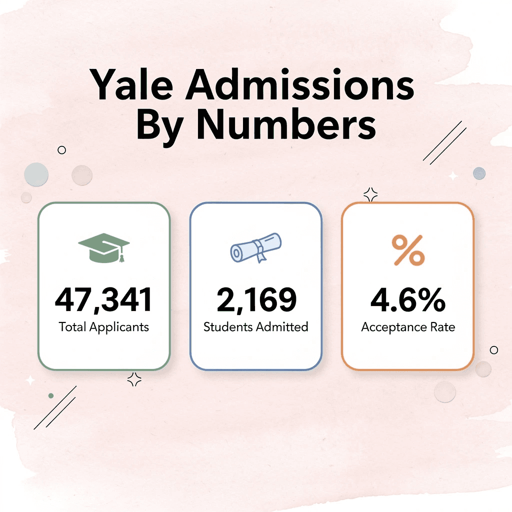 Infographic showing Yale admissions statistics including applicants, admitted students, and acceptance rate