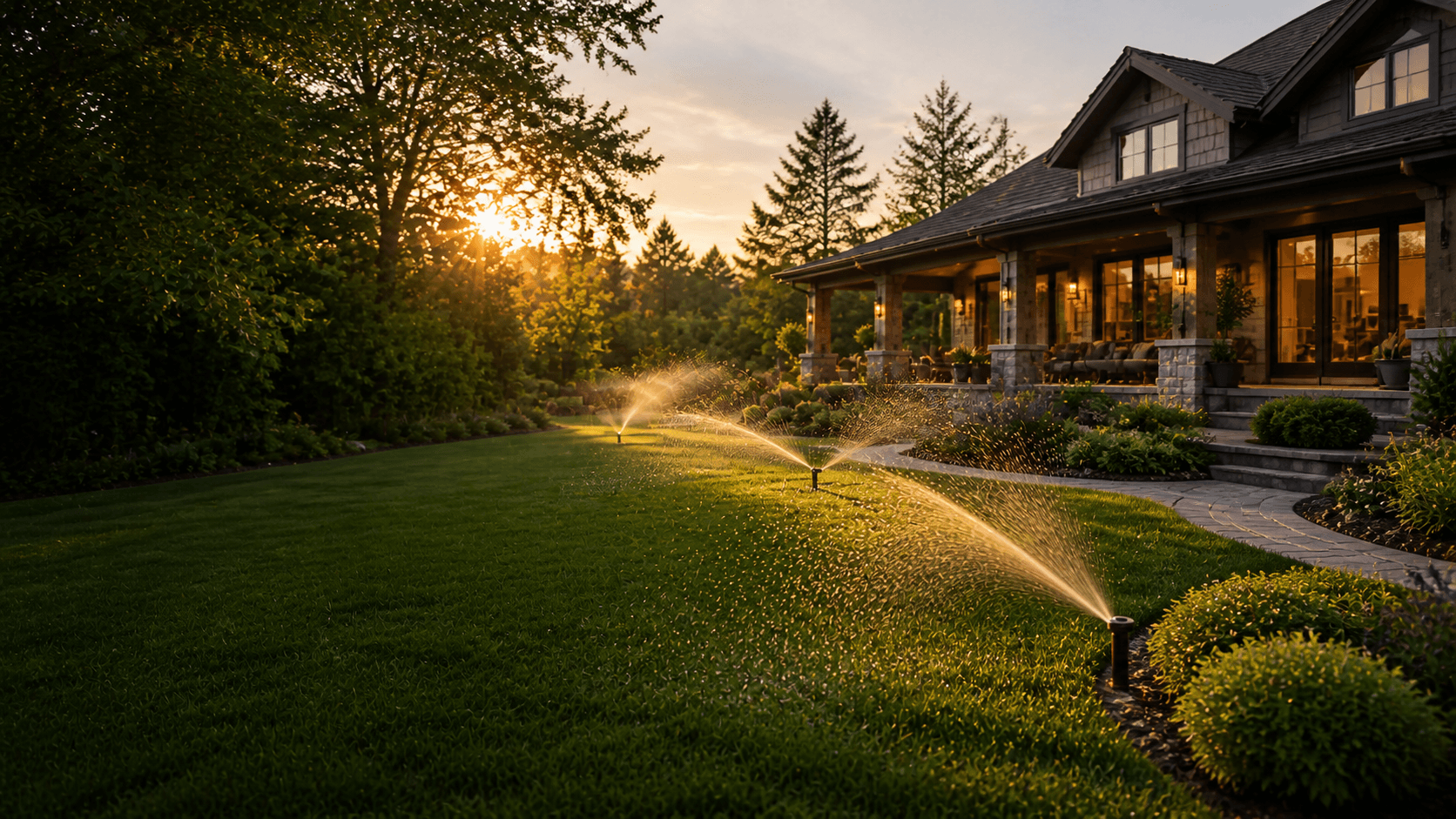 Green residential lawn maintained with a professionally designed irrigation system
