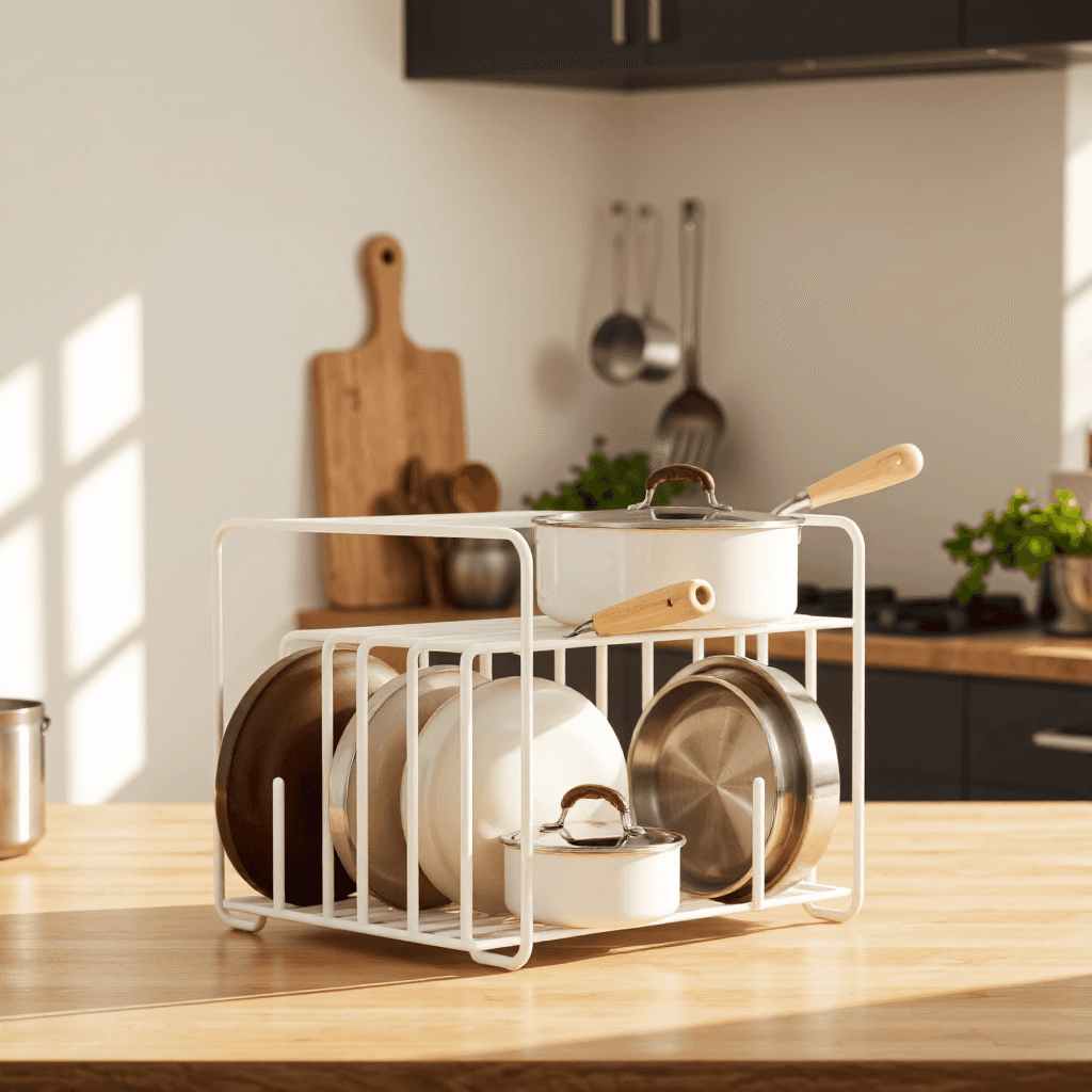 product photography of a kitchen organizer for pots and lids