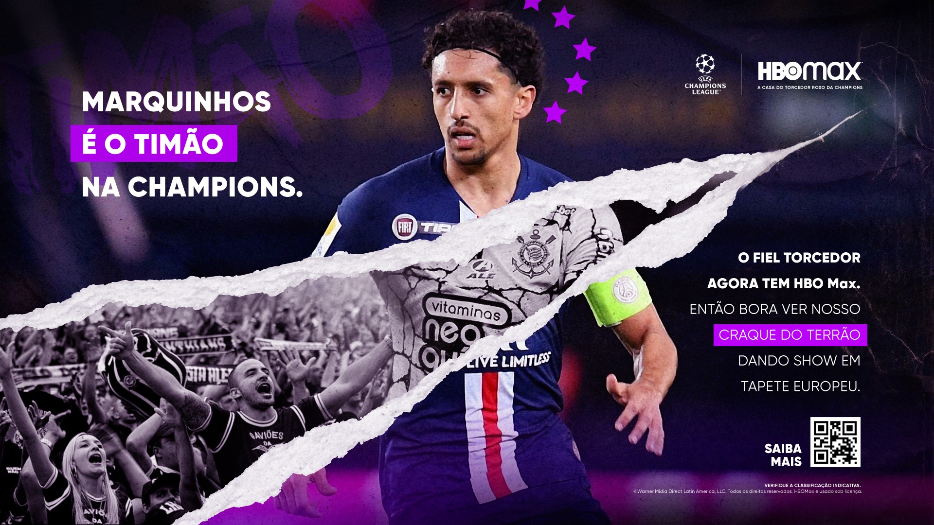 Promotional image of Marquinhos in a PSG jersey torn open to reveal a Corinthians shirt underneath.