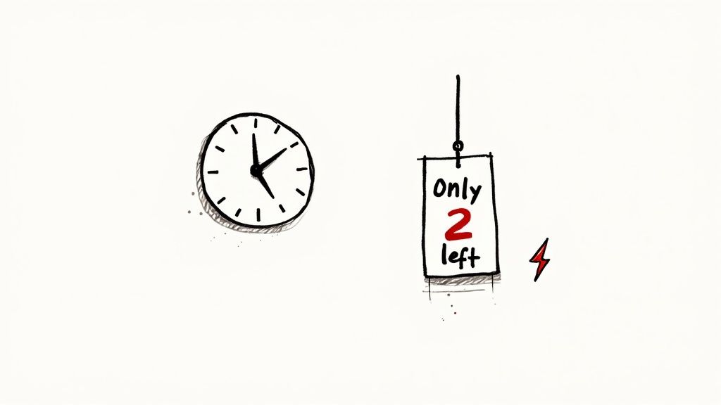 A hand-drawn clock next to a sign reading 'Only 2 left' with a lightning bolt, symbolizing urgency.