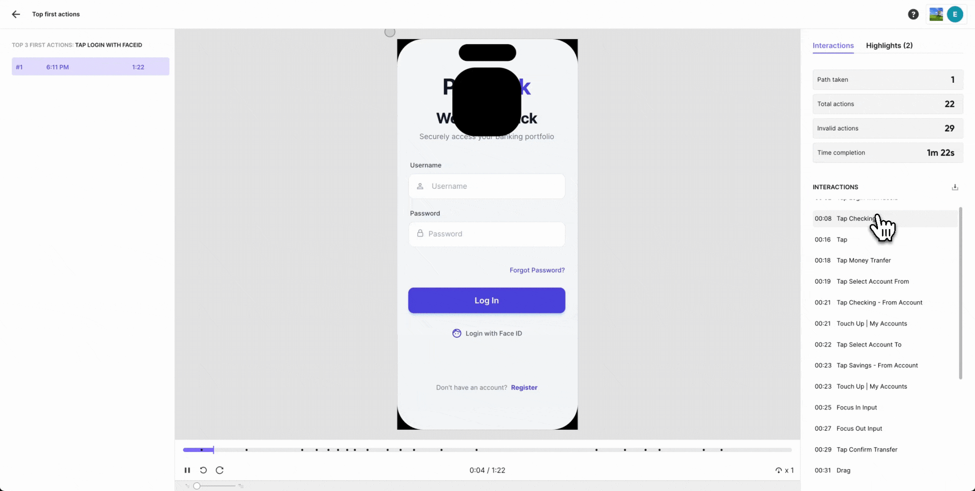 ProtoPie User Testing session replay showing a banking prototype alongside a timestamped interaction log — capturing every tap, invalid action, and completion time for a participant's full test session.