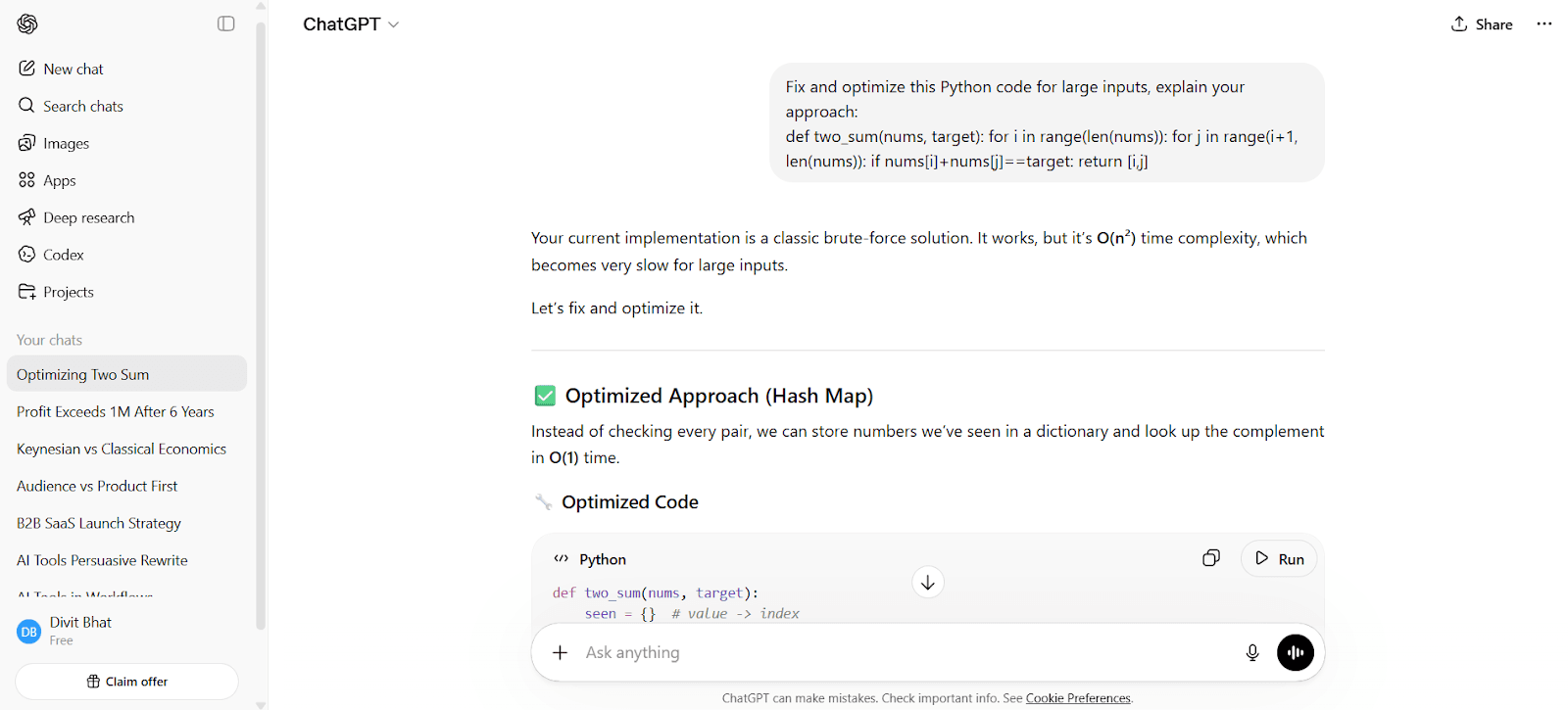 ChatGPT Output for Fixing and optimizing inefficient code