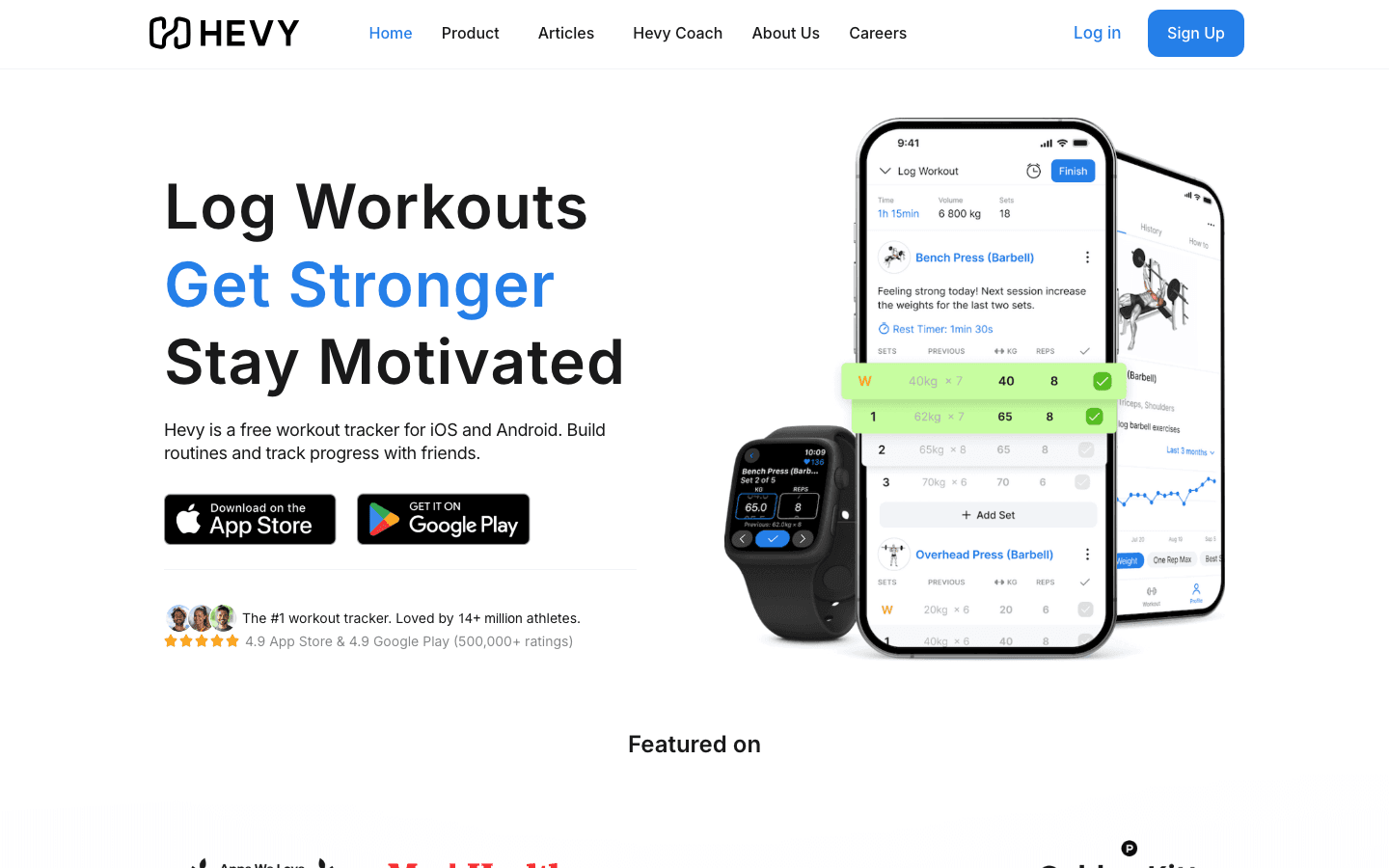 Hevy website showing its workout logging interface