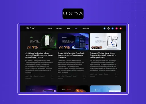 Portfolio page displaying multiple fintech and banking case studies in a dark-themed grid layout with detailed project previews.