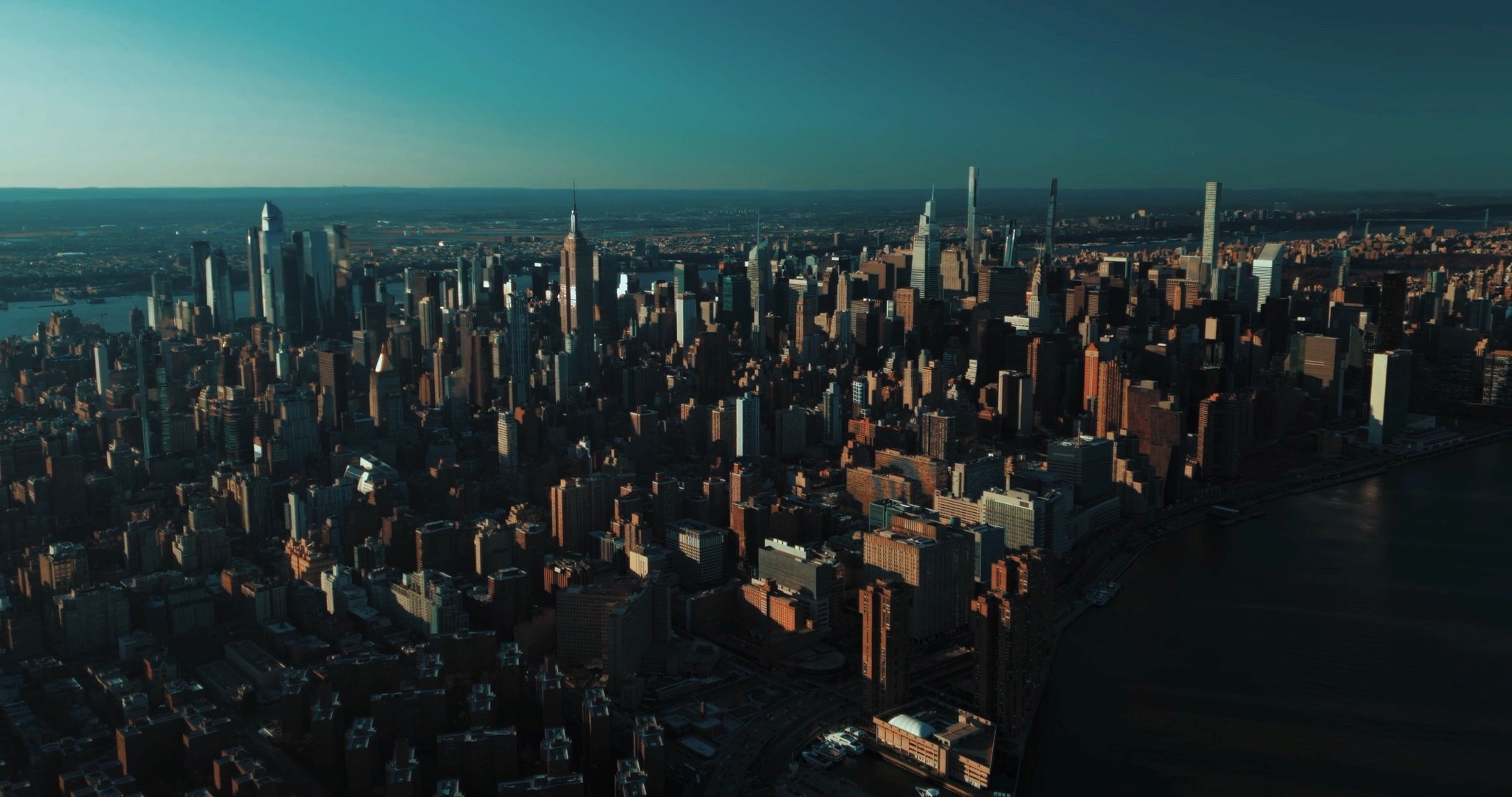 Aerial city skyline from the closing sequence of Famous