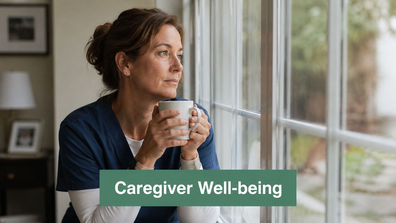 A thoughtful caregiver in scrubs looks out a window while holding a warm mug of coffee.