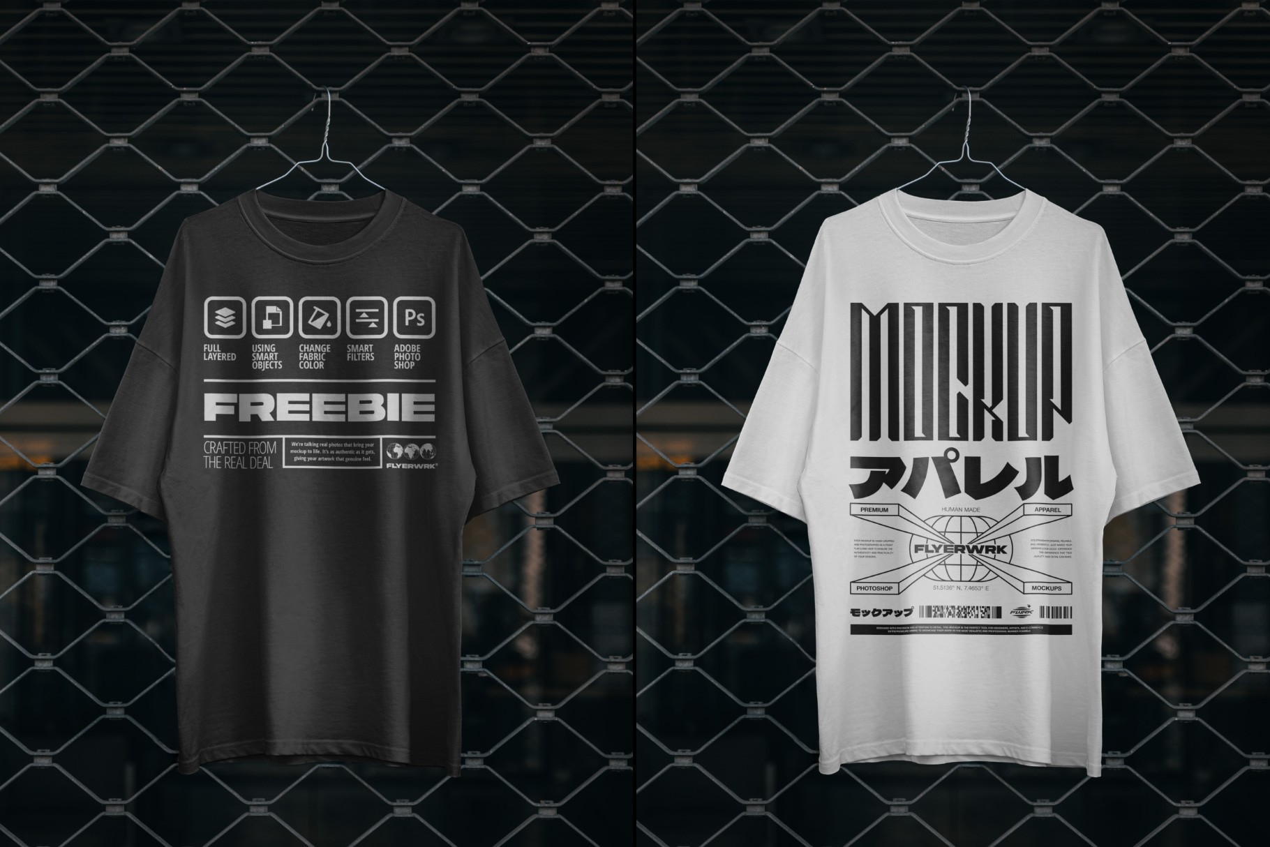 Front view of black and white Rue Porter t-shirts hanging on an urban chain-link fence