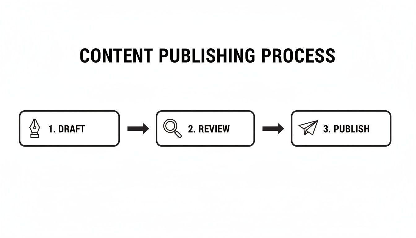 Content publishing workflow diagram outlining three main stages: Draft, Review, and Publish, with icons.