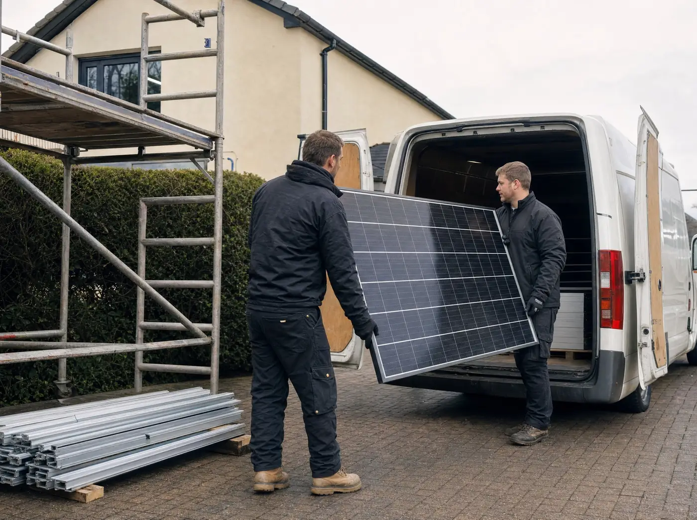 Zwei Monteure heben Photovoltaikmodule aus einem Transporter in der Einfahrt eines Wohnhauses