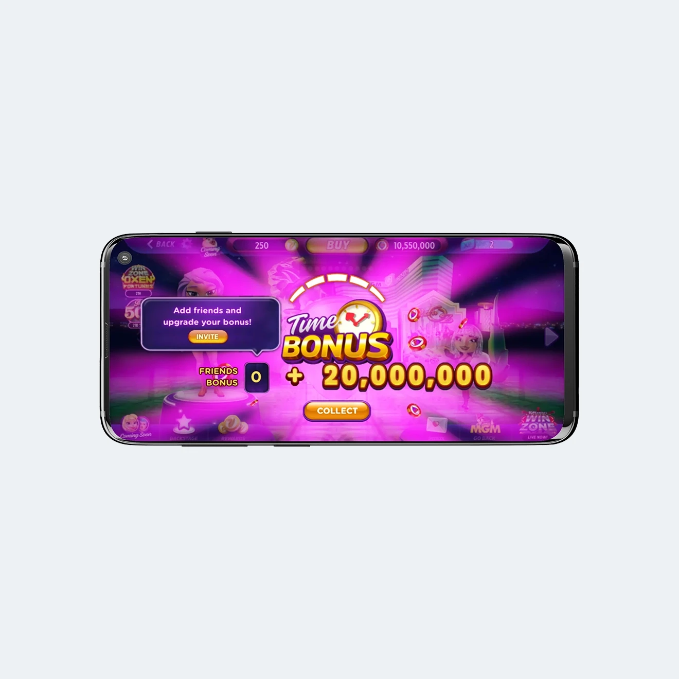 'Time Bonus' collection screen design utilizing vibrant colors and clear typography to drive Daily Active Users (DAU) and player retention.