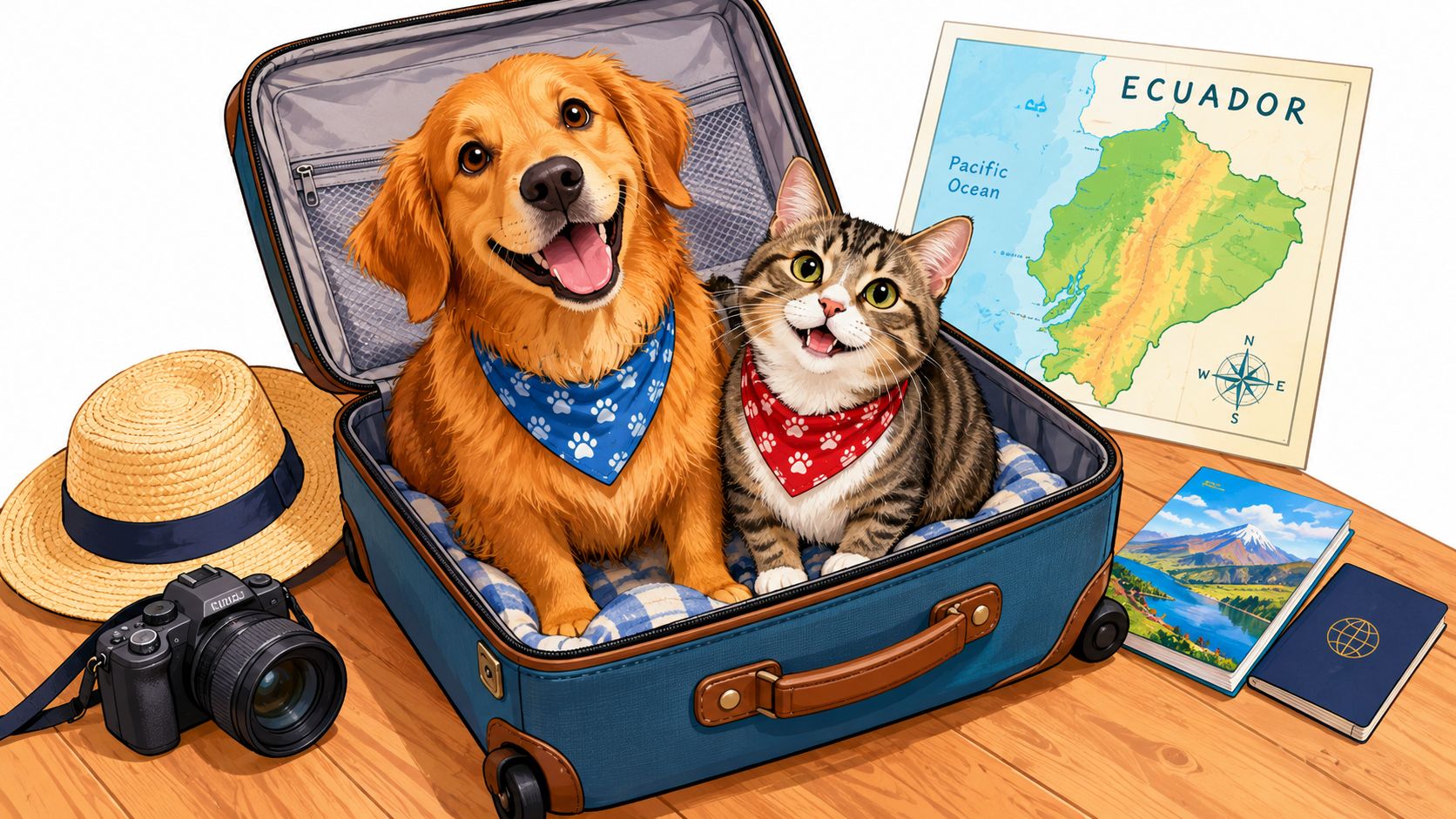 A happy golden retriever and a tabby cat sitting together in an open travel suitcase with an Ecuador map.