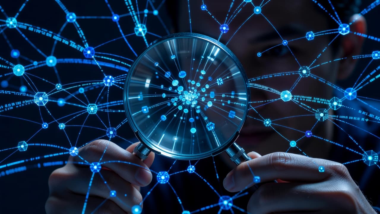 A close-up view of a person using a magnifying glass to inspect an intricate web of glowing digital nodes. The scene features deep blue lighting and emphasizes subtle, overlooked connection points.