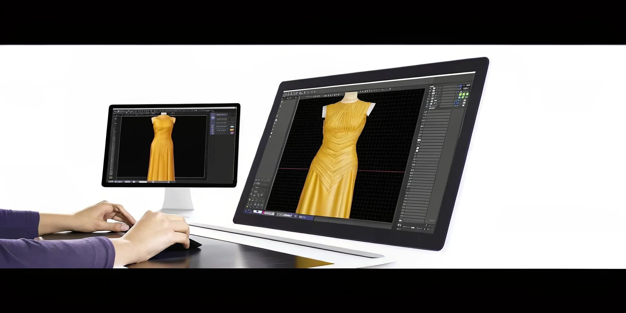 A designer sculpting a flowing digital dress on an avatar inside a 3D editor