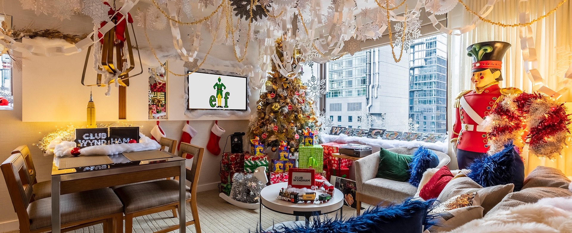 hotel room decorated for christmas