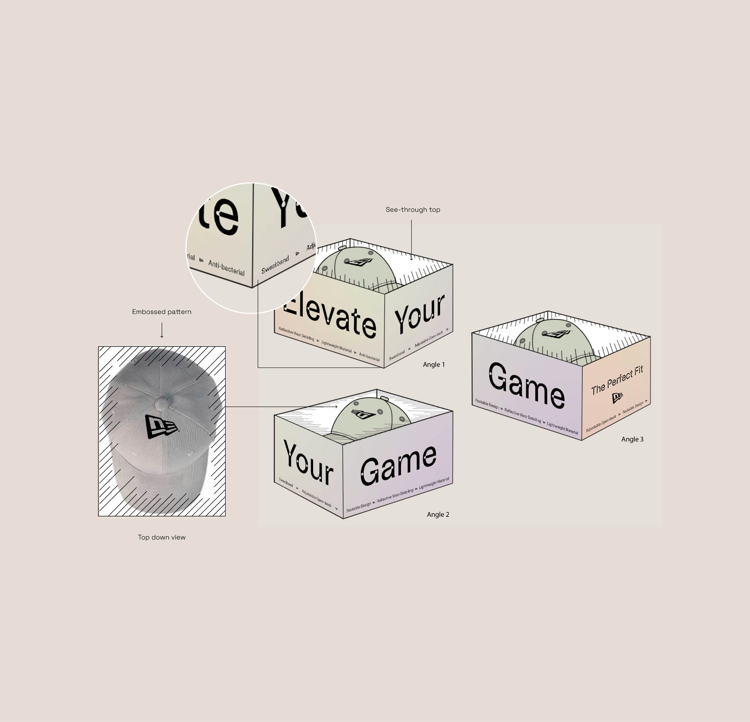 Packaging design development visuals showcasing branded gifting boxes, structural packaging concepts and product presentation for a backless cap campaign