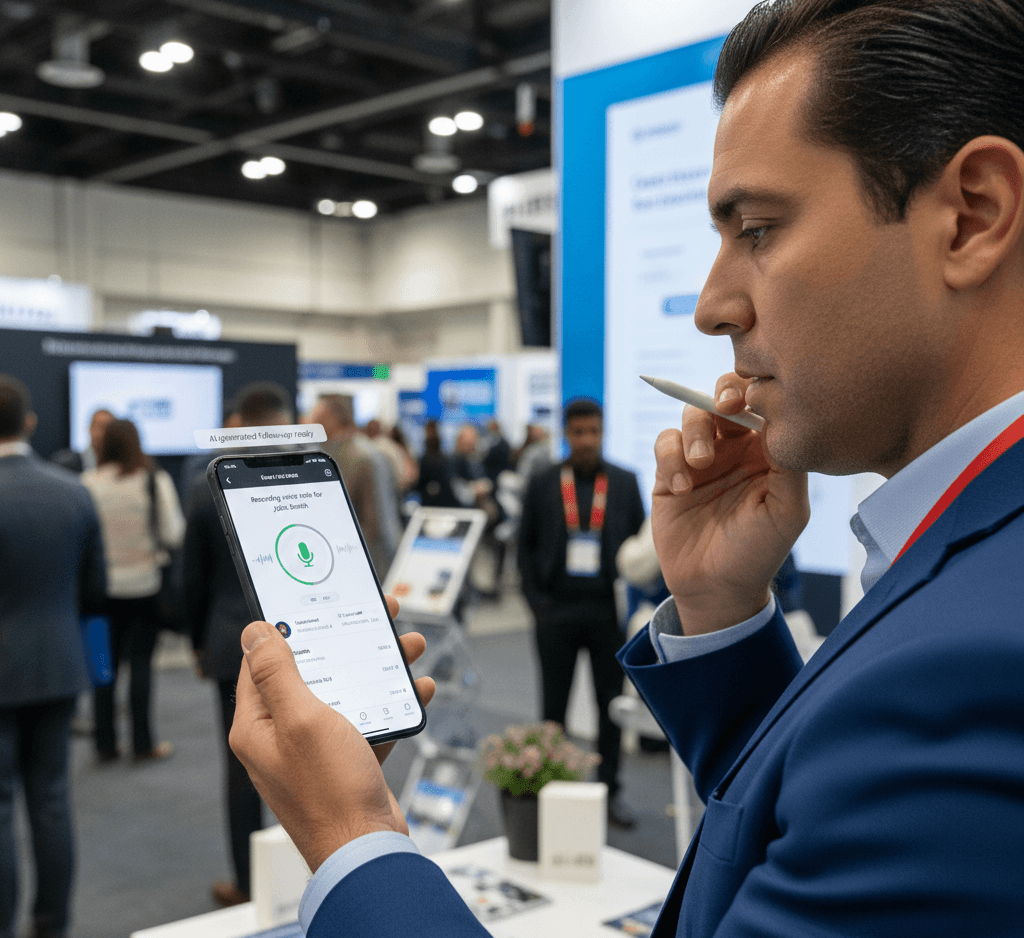 Sales professional recording a voice note in the Habsy app at a trade show booth while AI-generated WhatsApp follow-up and CRM-ready lead record appear on screen.