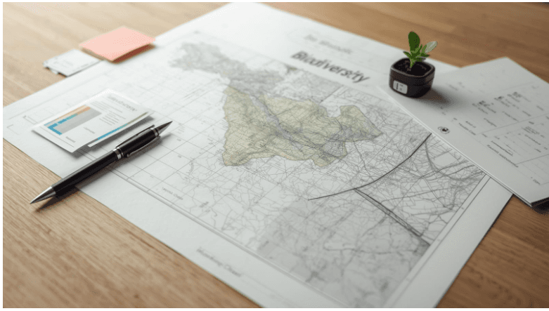 Mapa e documentos técnicos sobre biodiversidade e uso do território sobre a mesa, simbolizando análise de impactos ambientais, riscos e planejamento no pilar ambiental do ESG.