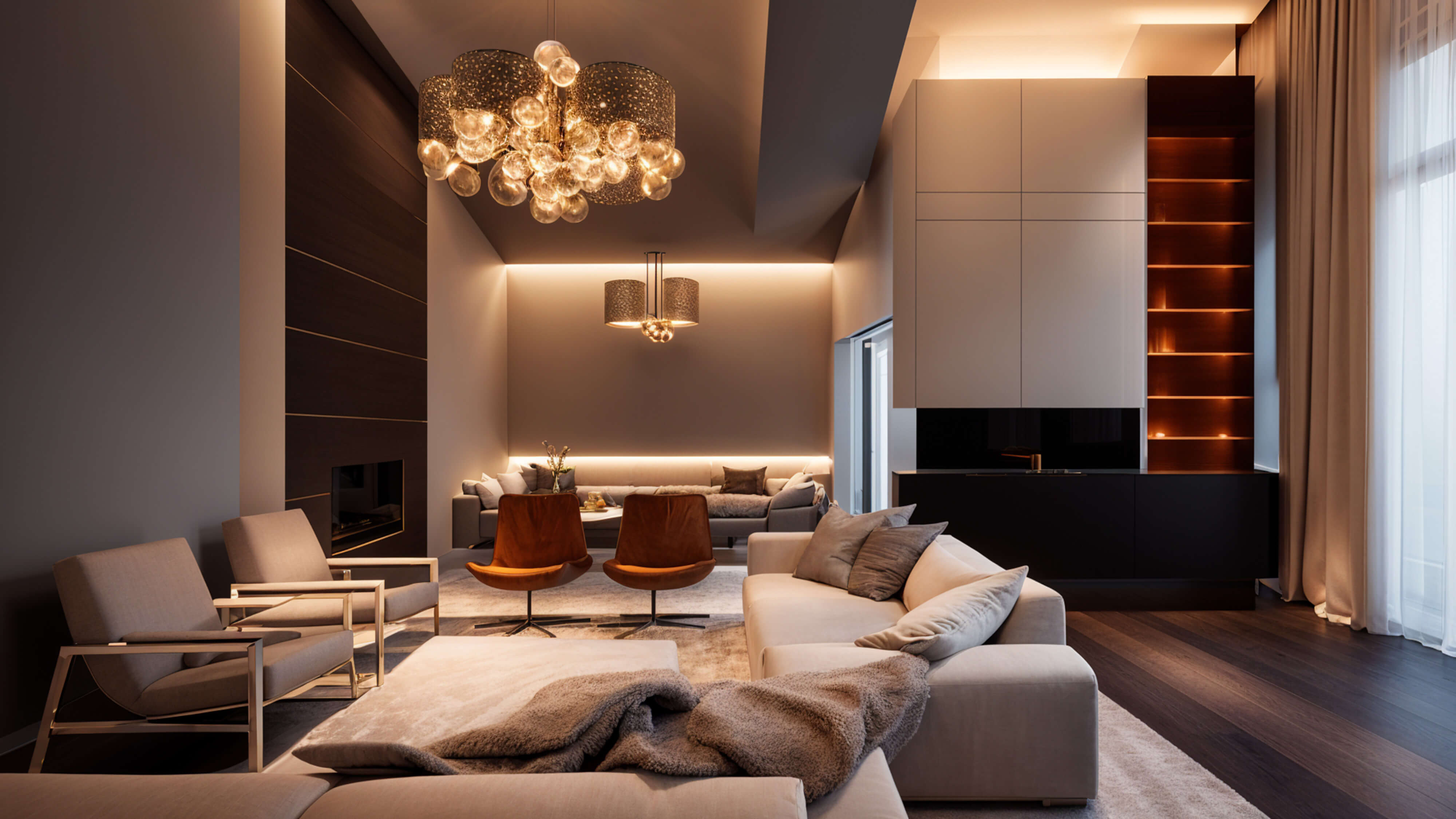 Luxury open-concept living space with sculptural chandeliers, neutral sofas, warm wood accents, and soft ambient lighting designed for elegant entertaining.