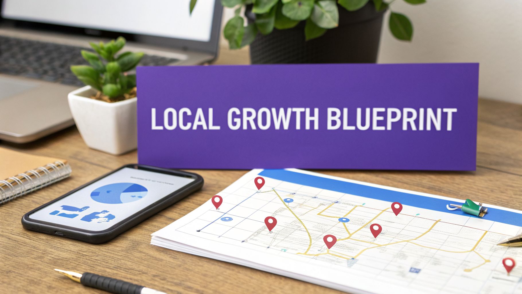 a purple desk sign that reads 'local growth blueprint'