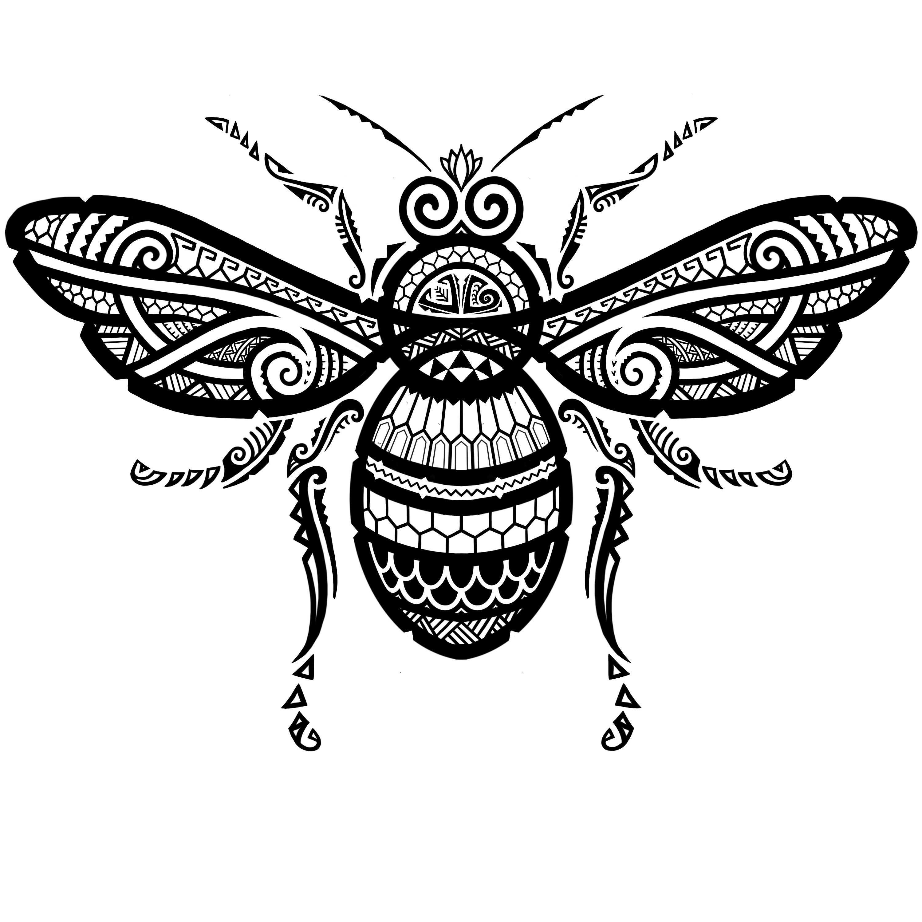 line drawing with tribal patterns of a bee