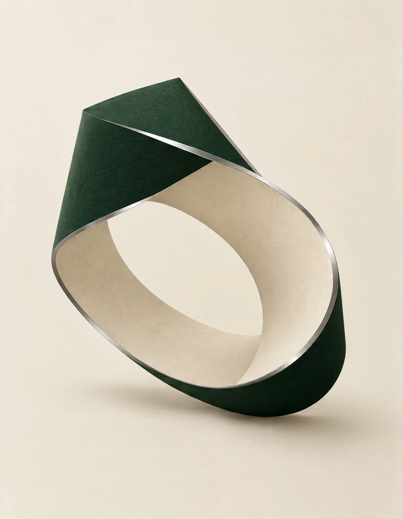 A folded green and ivory ribbon, full form on paper.