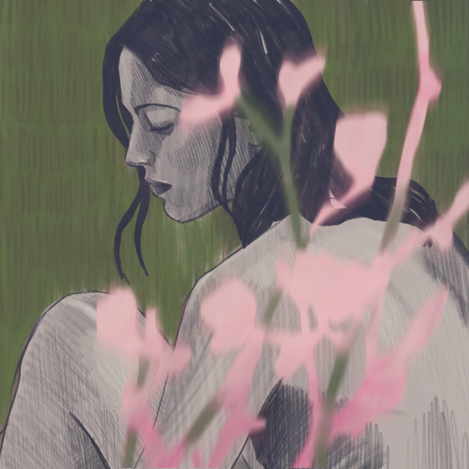 Woman with dark hair looking down, partly hidden behind pale pink flowers, on green — "Illustration 07" by Katarzyna Księżopolska