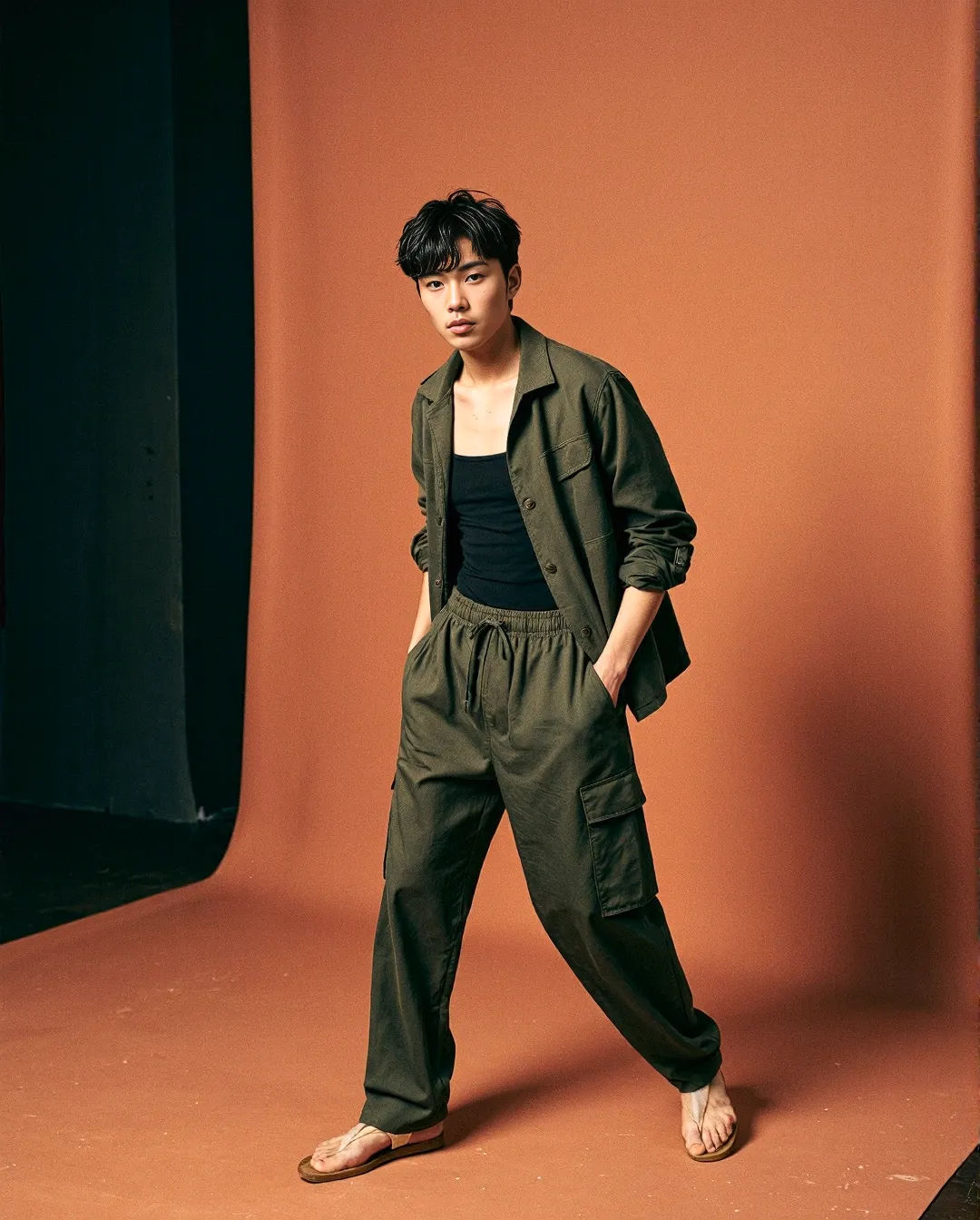 Fashion portrait featuring olive green utility outfit with jacket and cargo pants against warm terracotta backdrop in minimalist studio setting