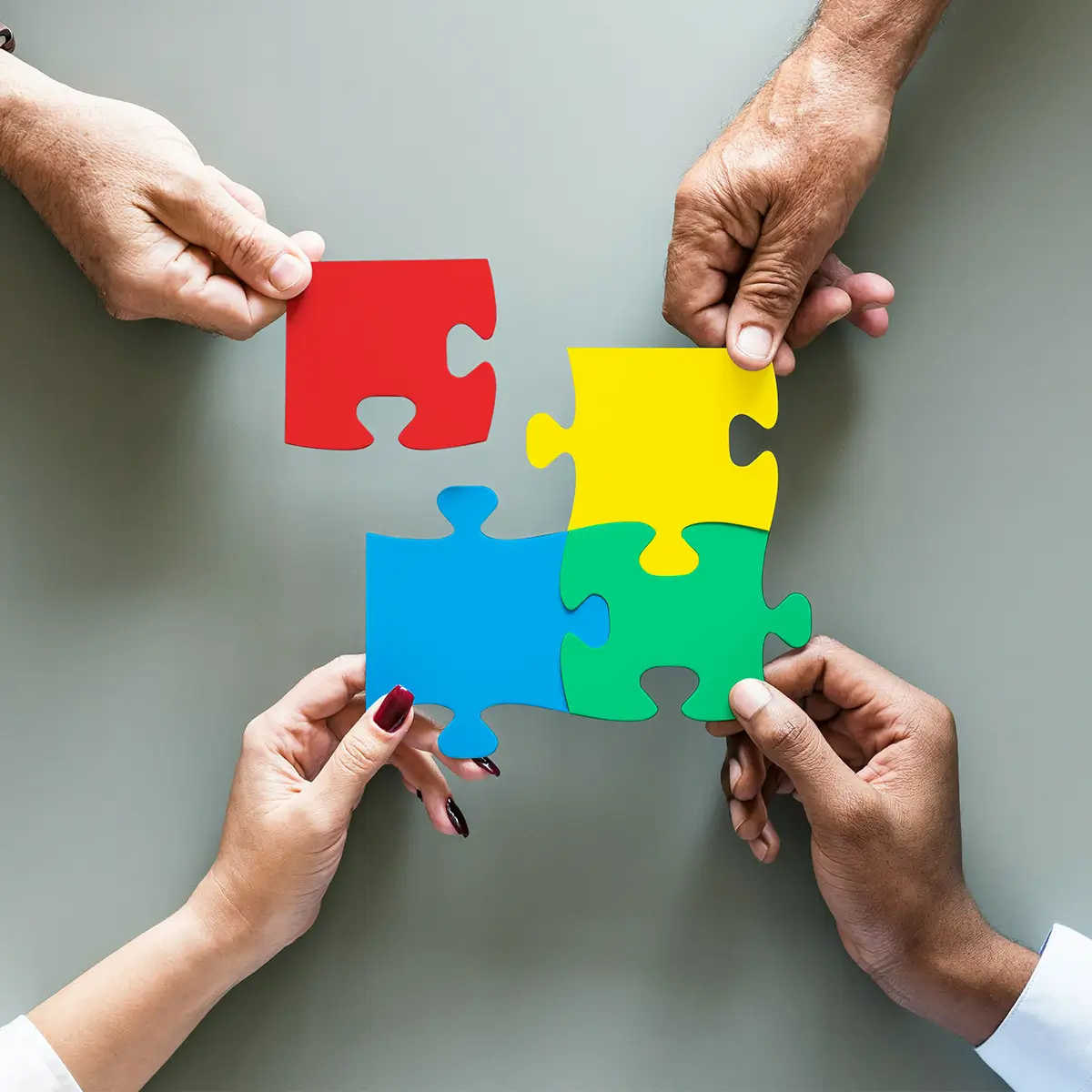 image of 4 hands each holding a coloured jigsaw piece slotting together