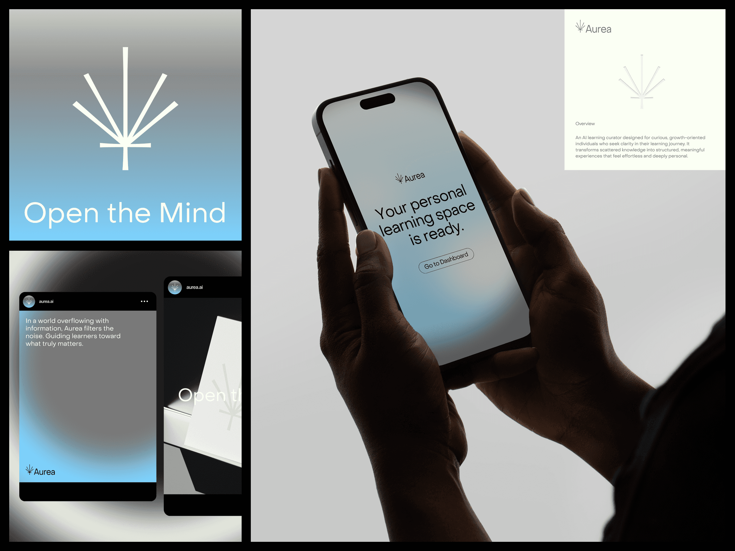 Sakma Studio's branding portfolio for AUREA, an AI learning platform, showcases the brand identity, including a minimalist logo, brand implementation, and mobile app interface