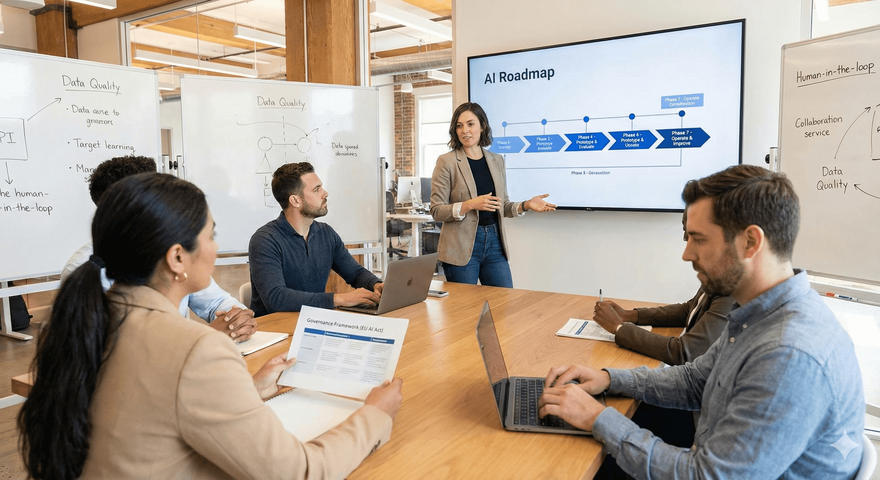 A team of business professionals discusses strategies for implementing AI technology, gathered around a conference table with laptops and documents, while a presenter explains an AI roadmap on a large screen, emphasizing collaboration and data quality.