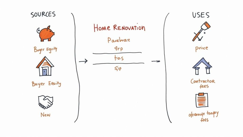 Diagram illustrating financial sources like buyer equity and uses for a home renovation project.
