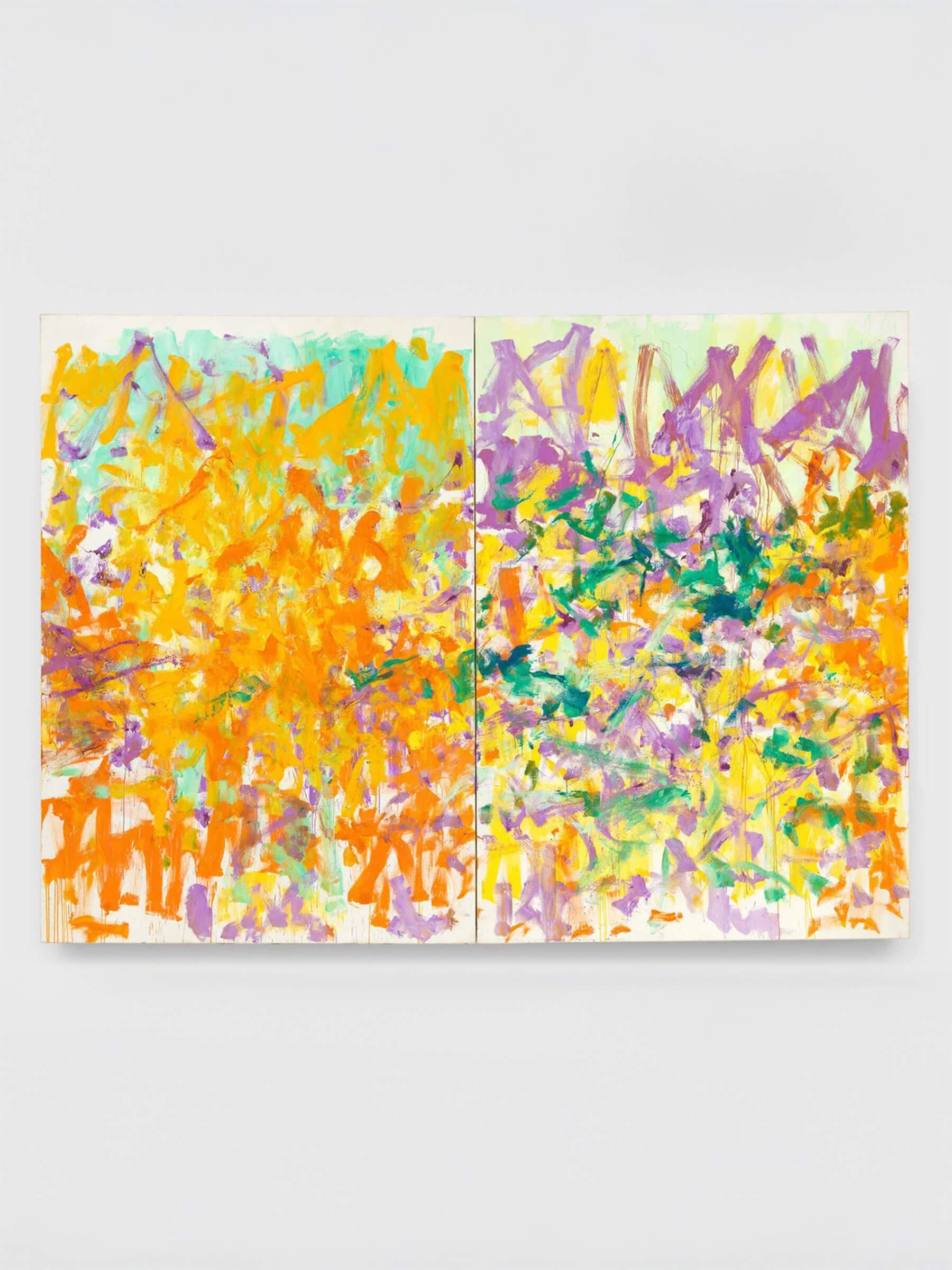 Two-panel abstract painting with energetic strokes in orange, yellow, green, and purple on a white ground.