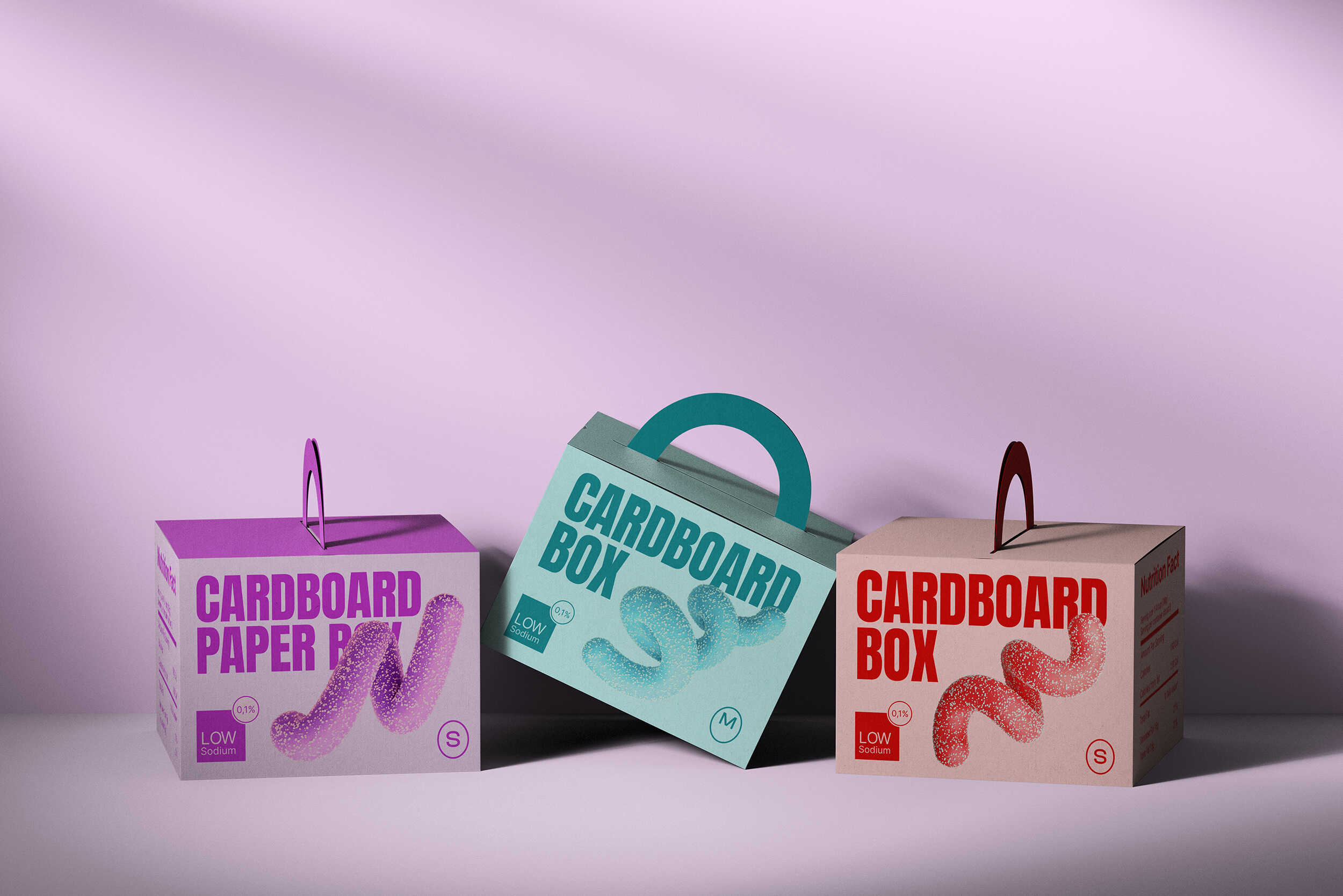 Three branded cardboard boxes with oversized typography on lavender background