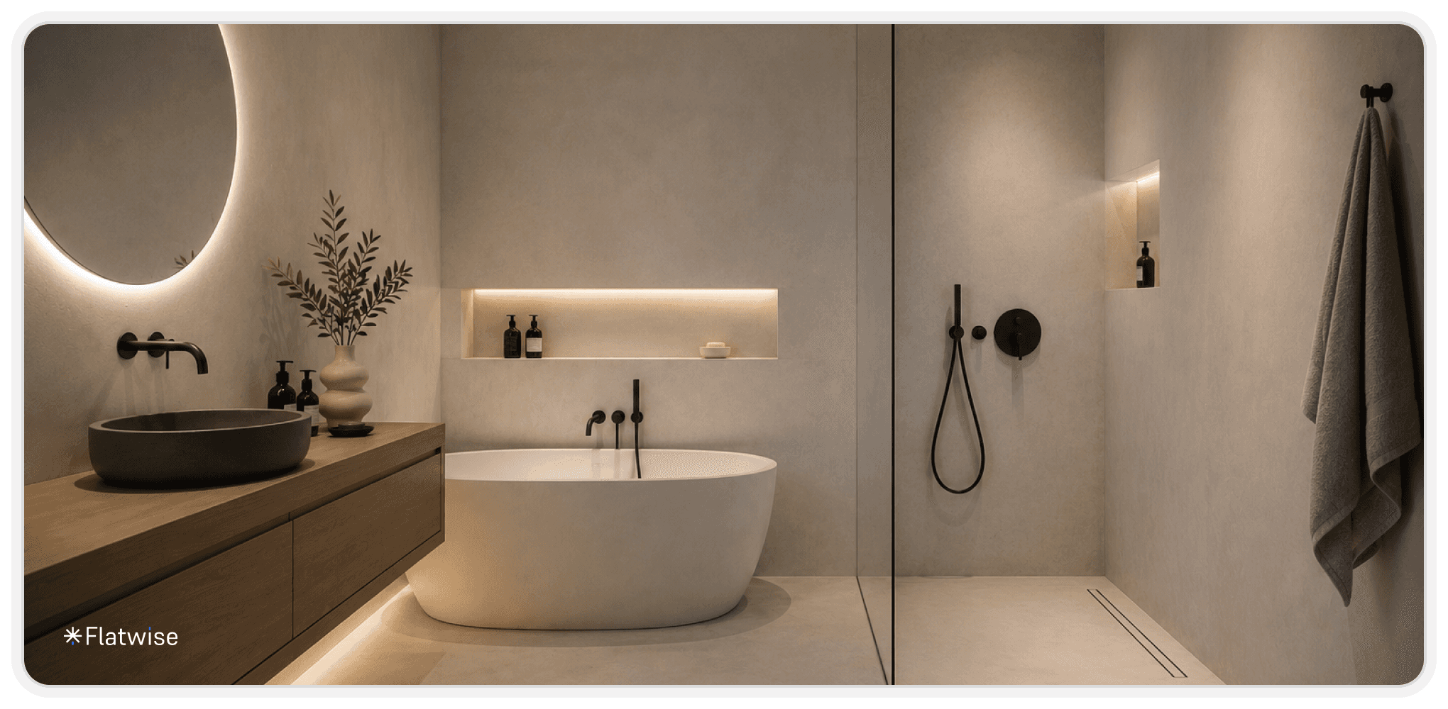 Luxuriöses fugenloses Badezimmer mit freistehender Badewanne, bodengleicher Dusche und modernen Designoberflächen.