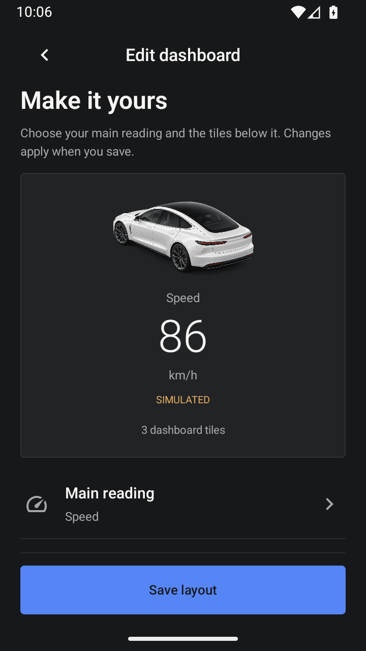 Carma dashboard editor showing a preview, selectable primary reading and Save layout control