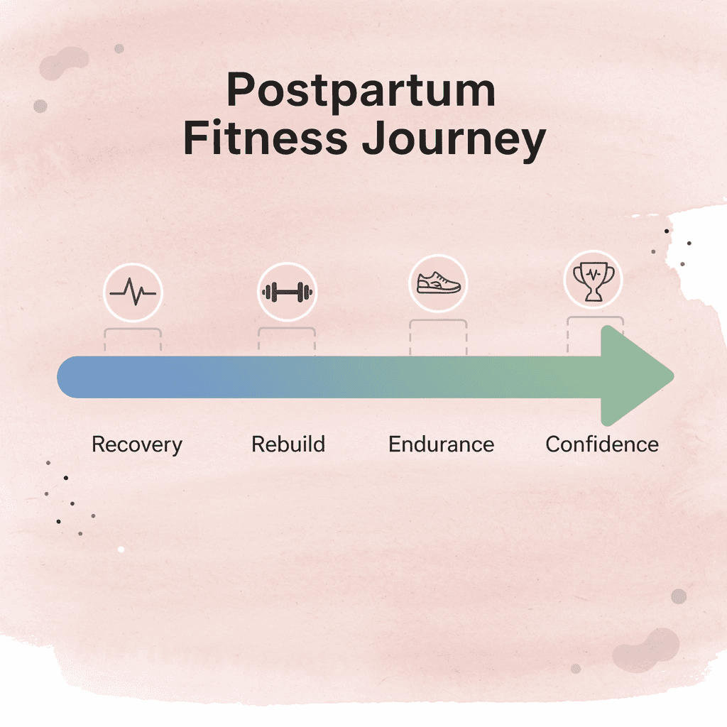 Arrow progression infographic showing postpartum fitness stages from recovery to confidence