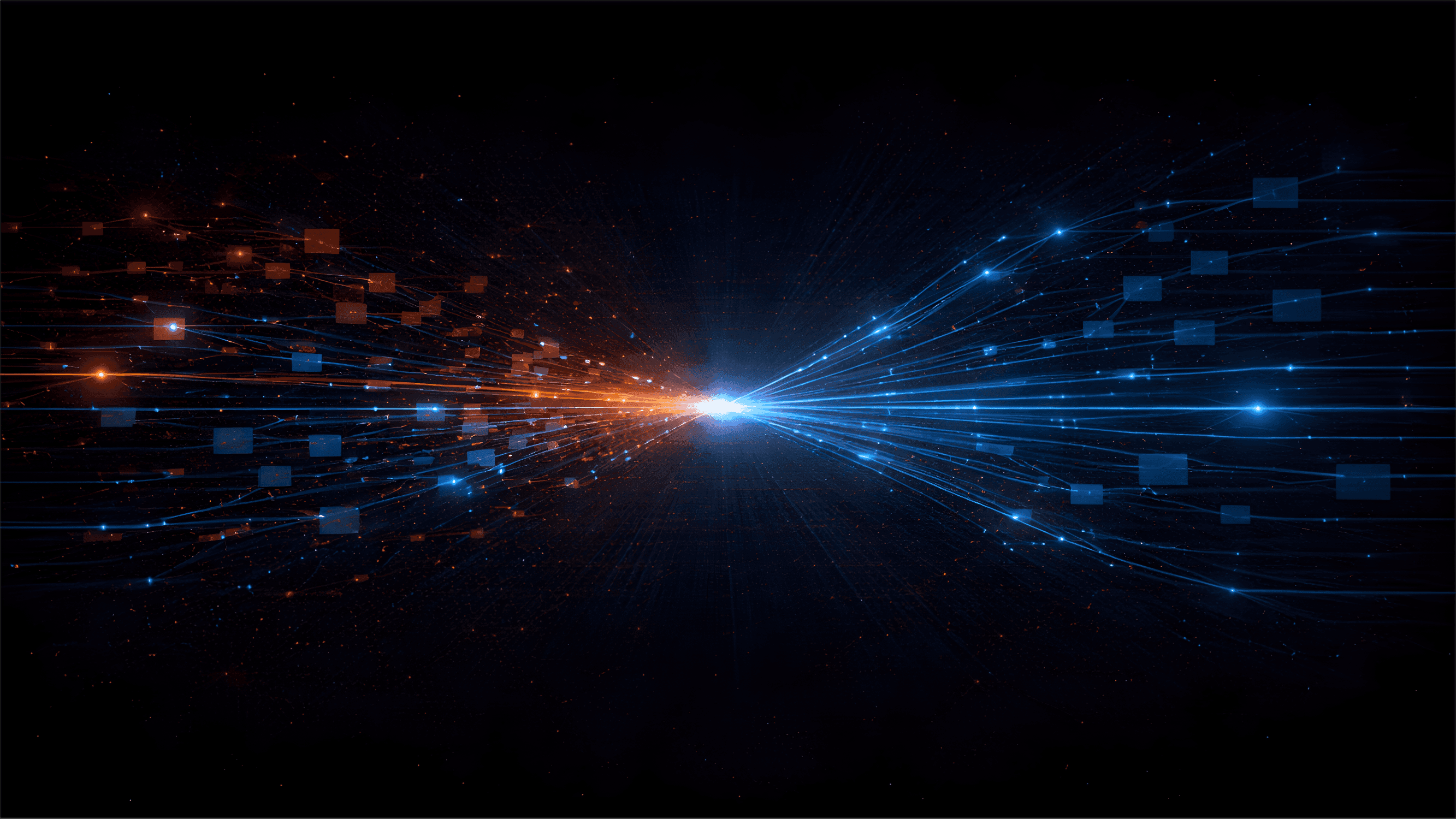 Abstract visualization of CRM automation where fragmented, inconsistent data streams on the left converge into a central processing point and transform into clean, structured blue flows on the right, representing improved data quality and reliability.