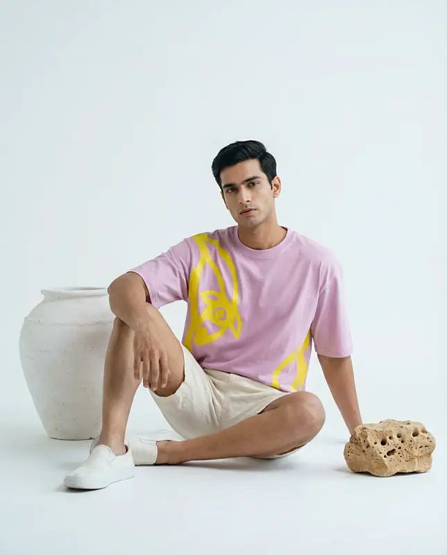 A person sits on the floor in a relaxed pose, wearing a pastel pink shirt with yellow abstract designs and cream shorts, next to a large white ceramic vase and a piece of textured coral rock.