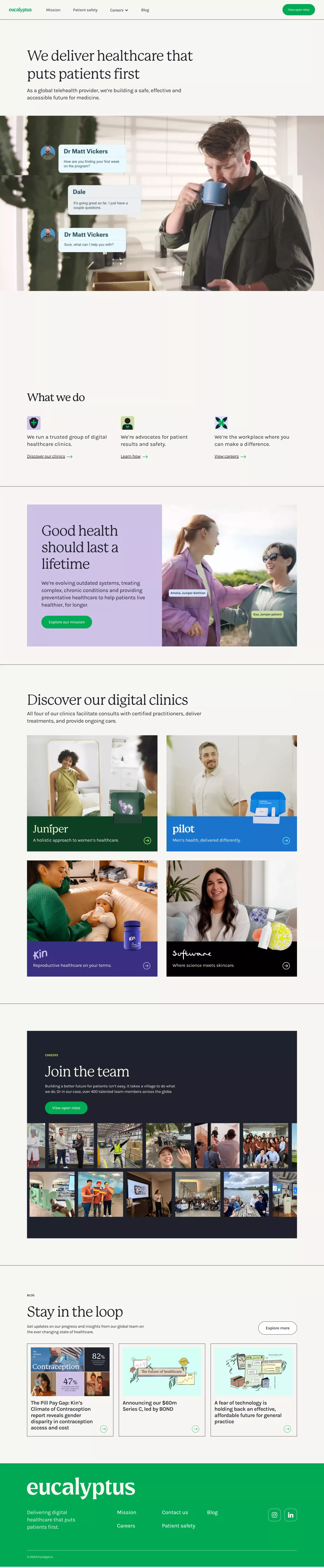 Eucalyptus landing page screenshot showcasing Health & Fitness and Tech design
