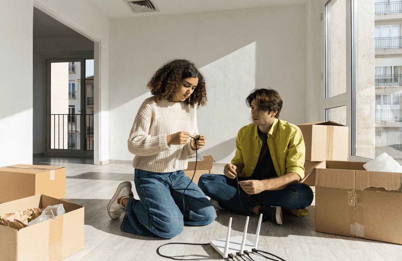 Pareja instalando el router WiFi entre cajas de mudanza en un piso nuevo
