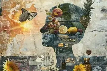 Artistic silhouette of a head filled with fruit.