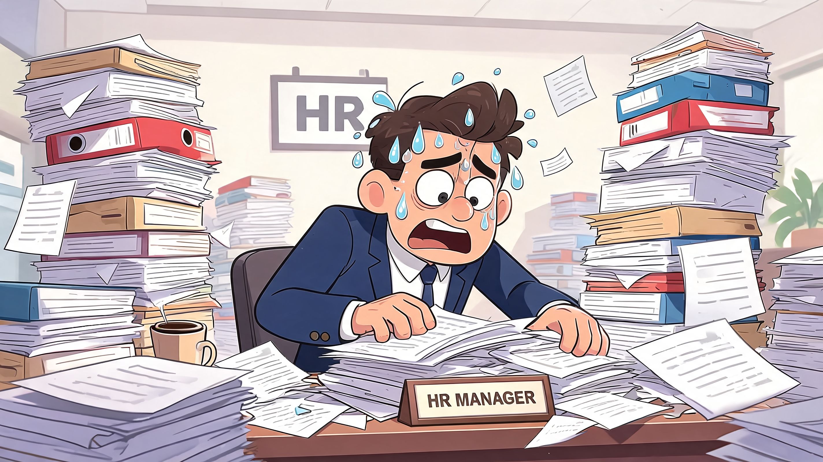A stressed HR manager overwhelmed by large stacks of paperwork on their office desk.