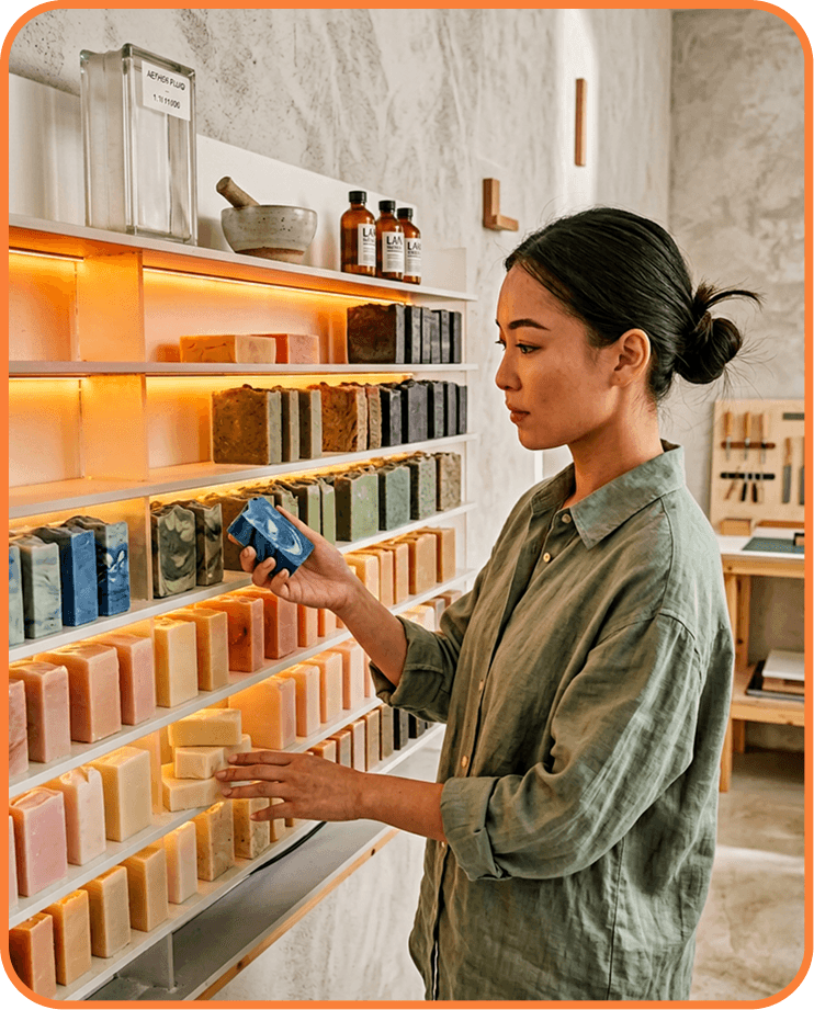 Woman browsing handmade soaps in a boutique