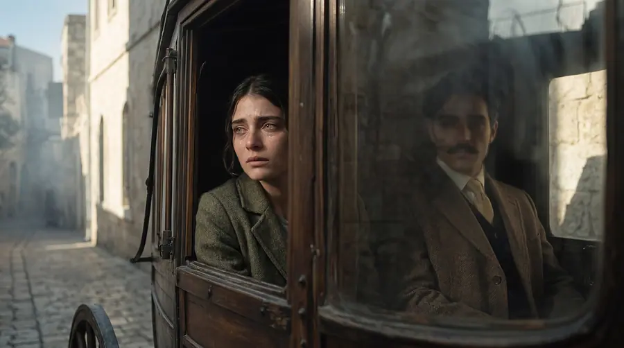 A young woman's face in a carriage window, a man reflected in the glass beside her