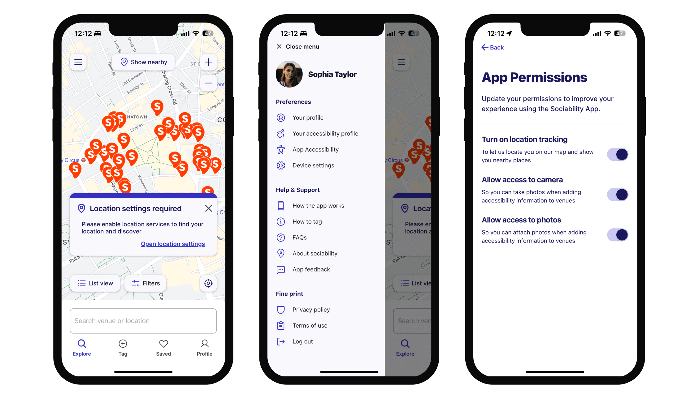 Screenshots of the sociability app showing how to change location settings