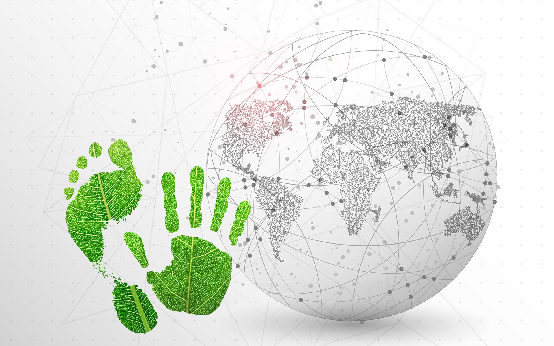 Umweltfreundliche Fußabdrücke und Handabdruck, Erde, Nachhaltigkeit, Klimawandel. Grüne Blätter.